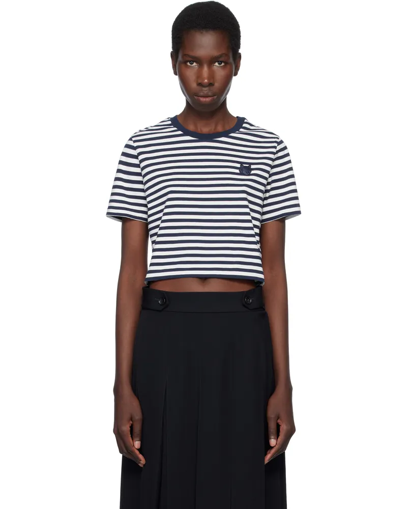 Kitsuné Navy & White Bold Fox Head Patch Multi Stripes Baby T-shirt 0243