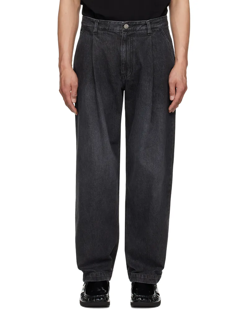 SOLID HOMME Black Wide Tapered One Tuck Jeans 713b
