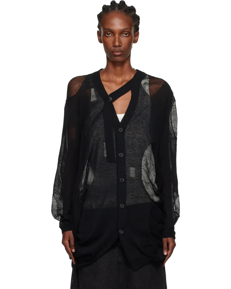 Yohji Yamamoto Black Plain Stitch & Pattern Draped Cardigan 2