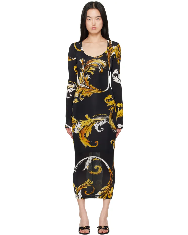 Versace Jeans Black & Yellow Outline Barocco Midi Dress Eg89