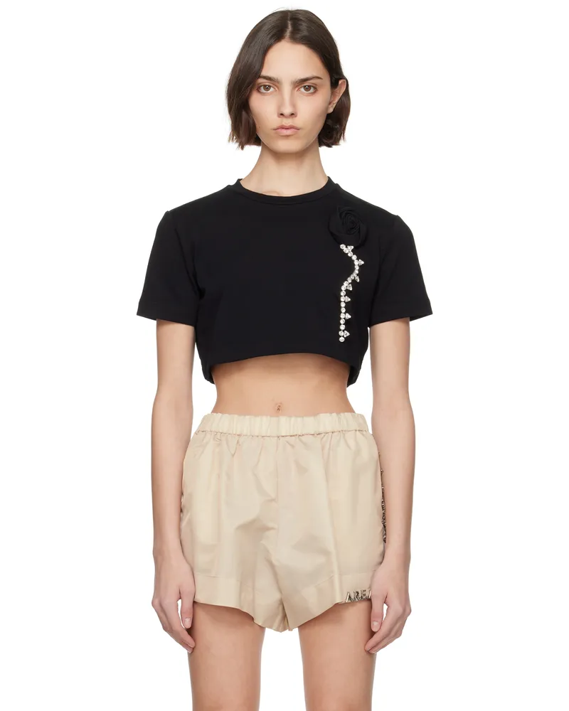 Area Black Crystal Rosette Cropped T-shirt Black