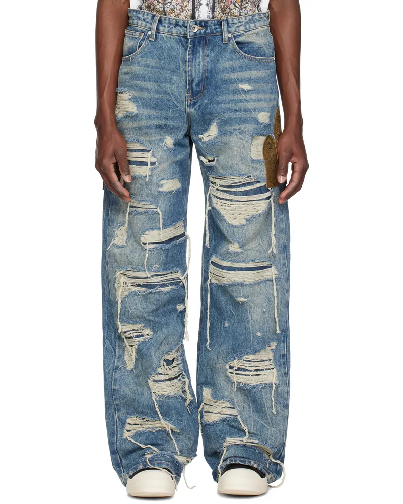 WHO DECIDES WAR Blue Side Patch Relaxation Jeans Denim
