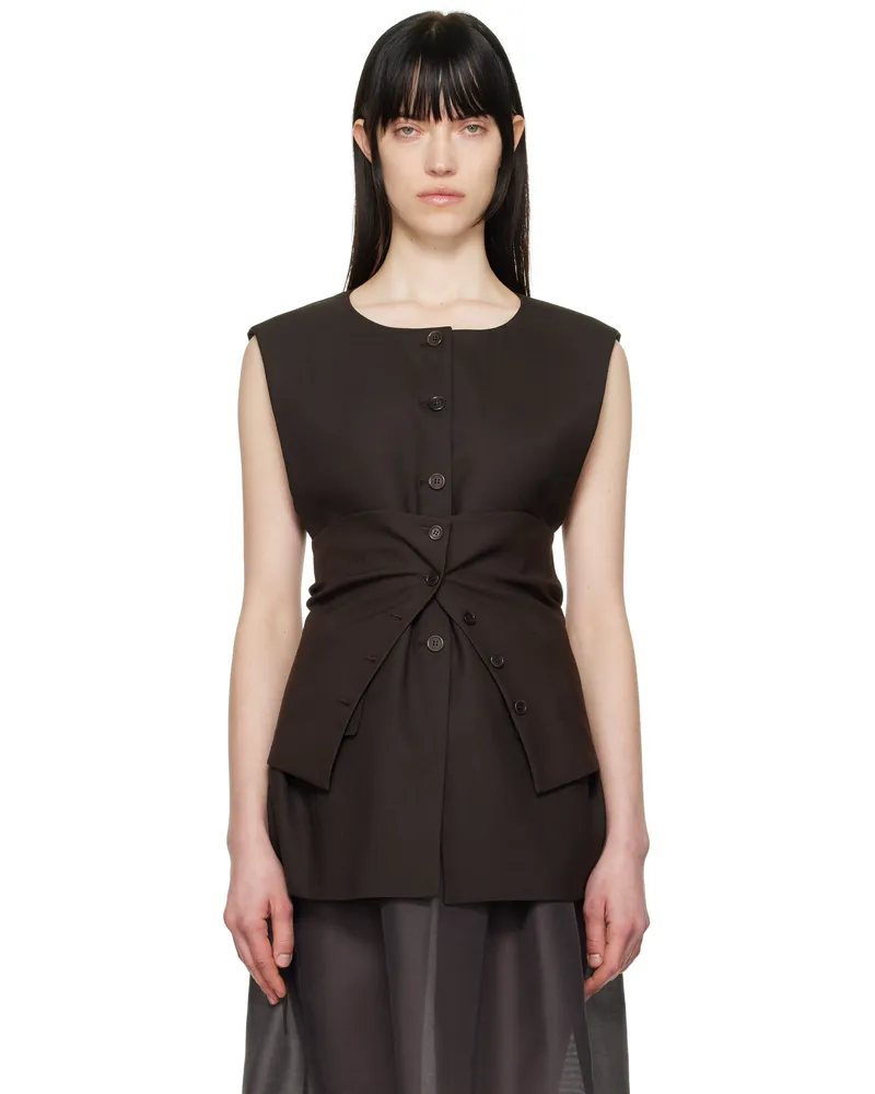 AMOMENTO Brown Oversized Button Up Vest Dark_brown