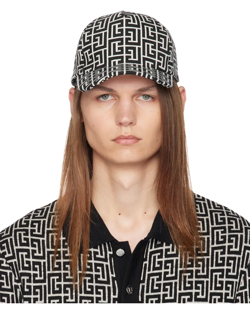 Balmain Off-White & Black Monogram Jacquard Wool Cap Gfe