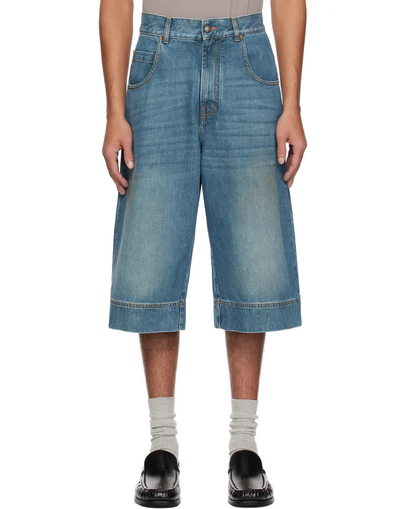 Palm Angels Blue Lasered Curved Logo Denim Shorts Blue