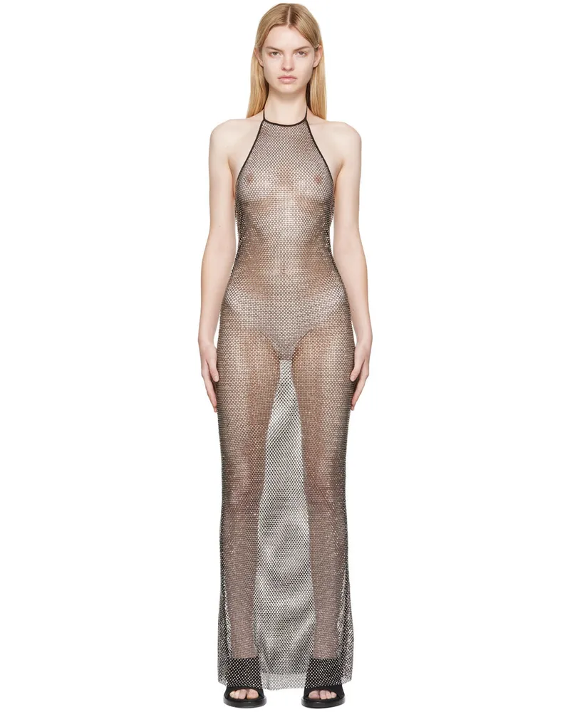 AMI Paris Black Rhinestone Fishnet Maxi Dress 001