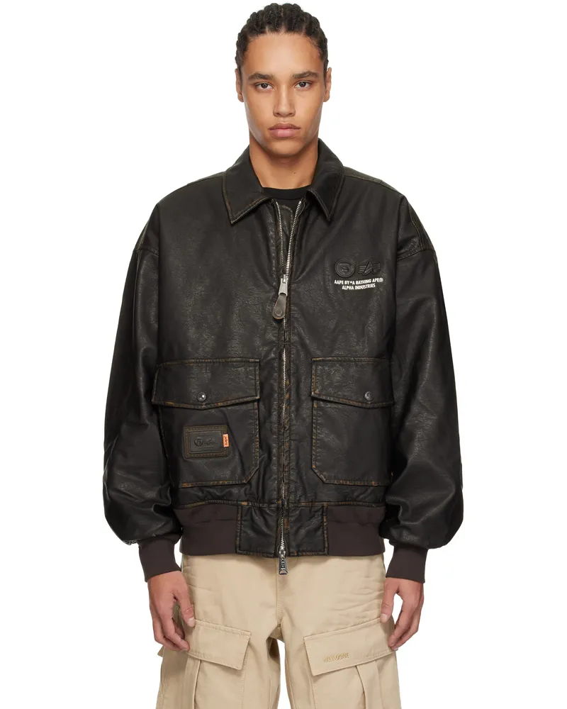 AAPE by A Bathing Ape Brown Alpha Industries Edition Crossover Faux-Leather Bomber Jacket Bwd
