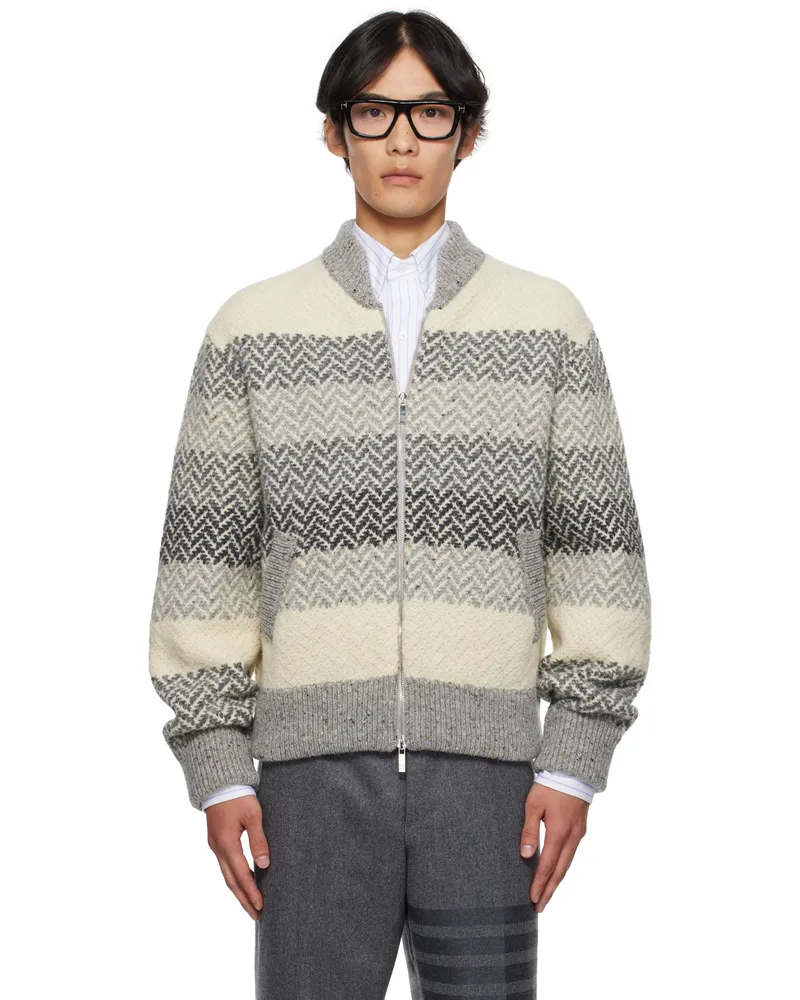 Thom Browne Gray & Off-White Striped Herringbone Zip-Up Sweater 982tonal