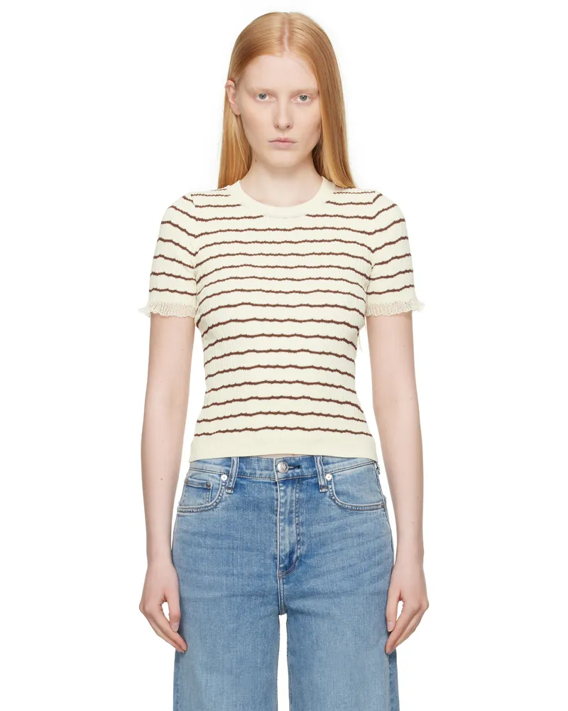 Rag & Bone Beige & Brown Chiara Stripe Crew T-shirt Ivory