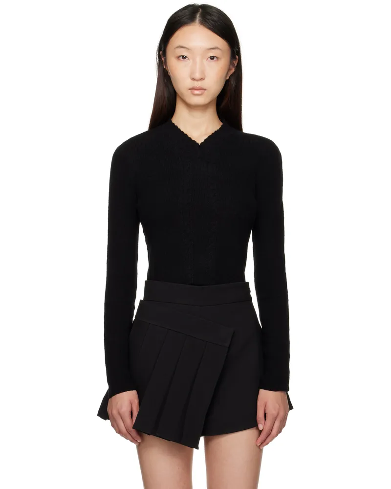 SHUSHU/TONG Black Lace-Trimmed V-Neck Knit Sweater Ba100