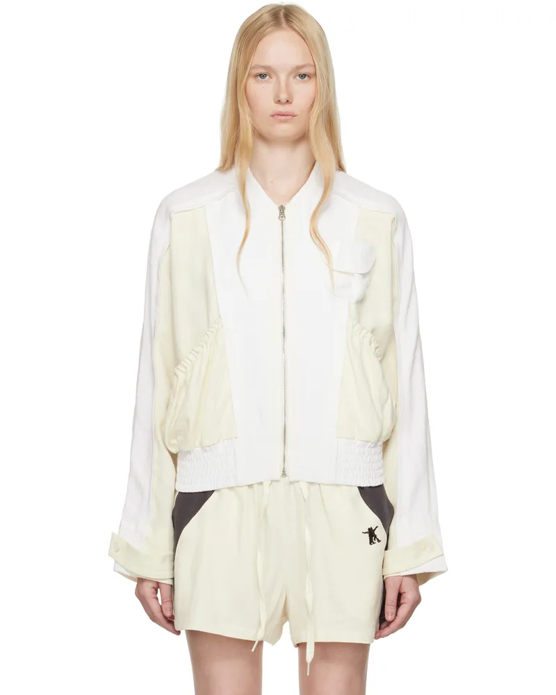 OPEN YY White & Off-White Linen Paneled Bomber Jacket White