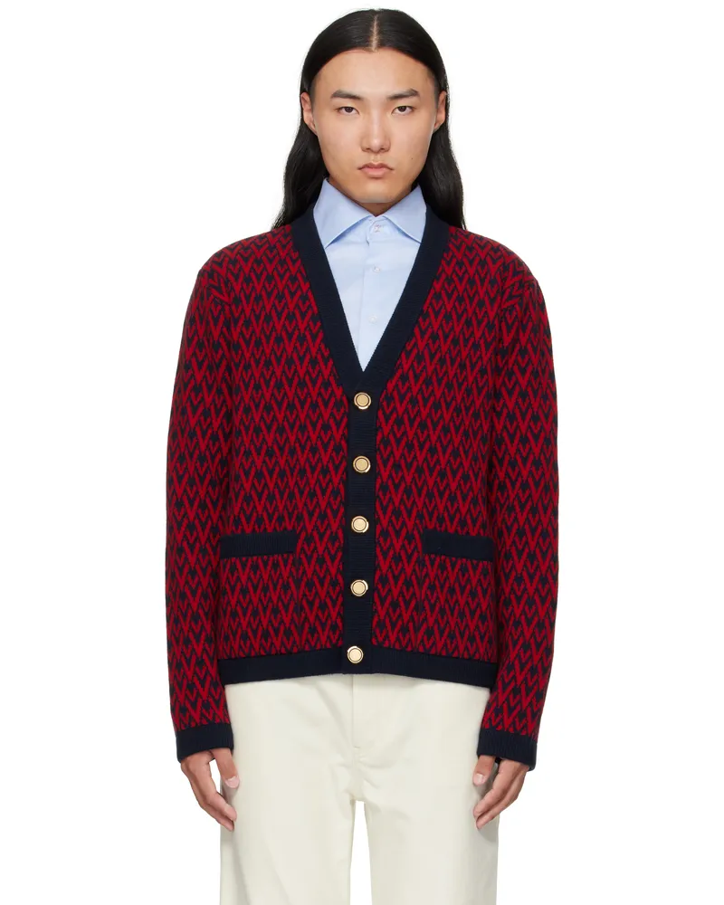 Valentino Garavani Red & Navy Wool 'Toute La V' Cardigan Br5