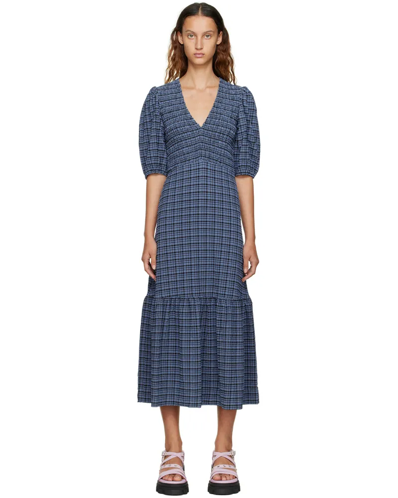 Ganni Black & Blue Checked Midi Dress 379