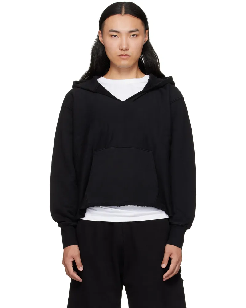 LES TIEN Black Heavyweight Raw Cropped Hoodie Jet