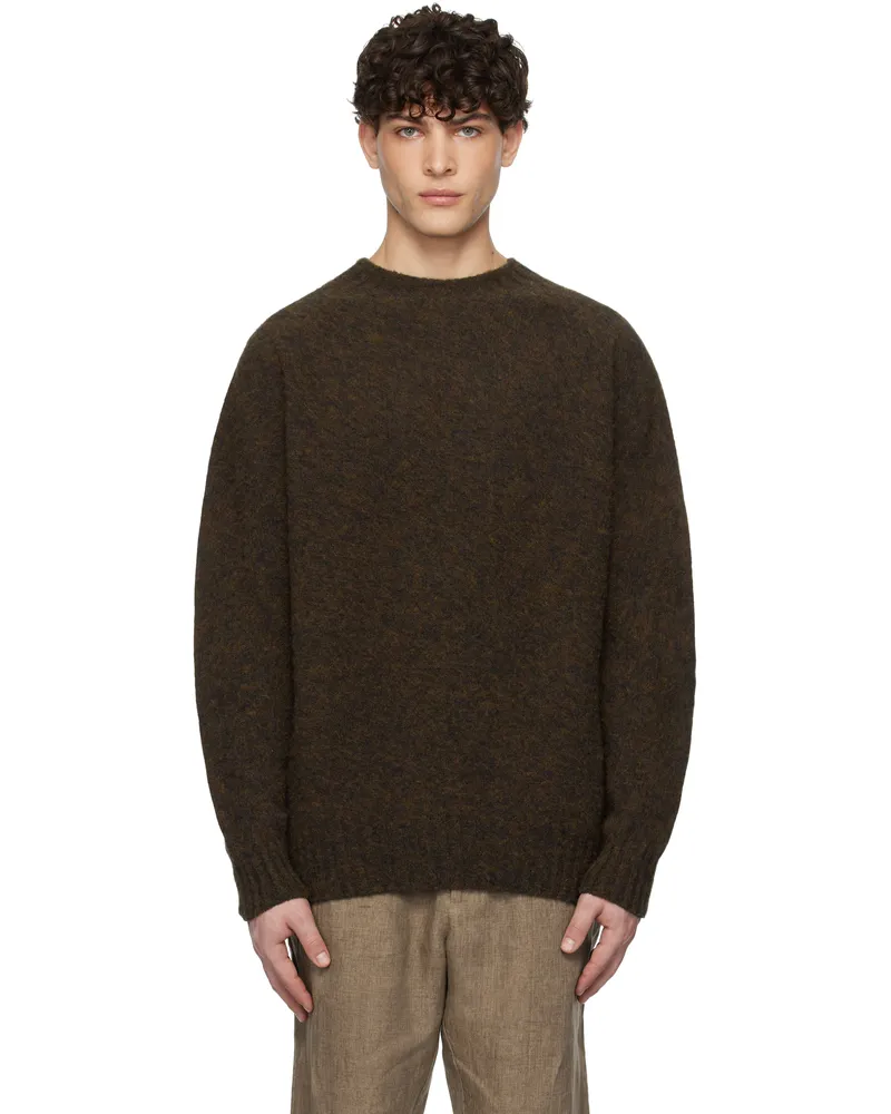 Sunspel Brown Shetland Crew Neck Sweater Dark
