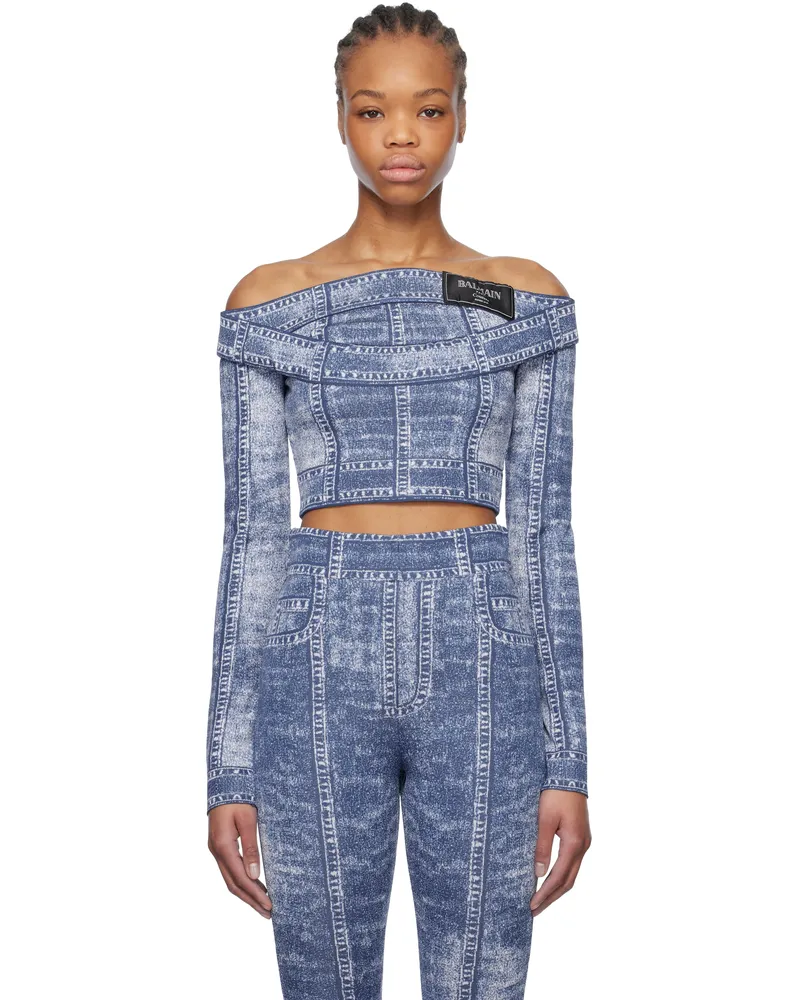 Balmain Blue Double Collar Denim Trompe L'oeil Top 6ff