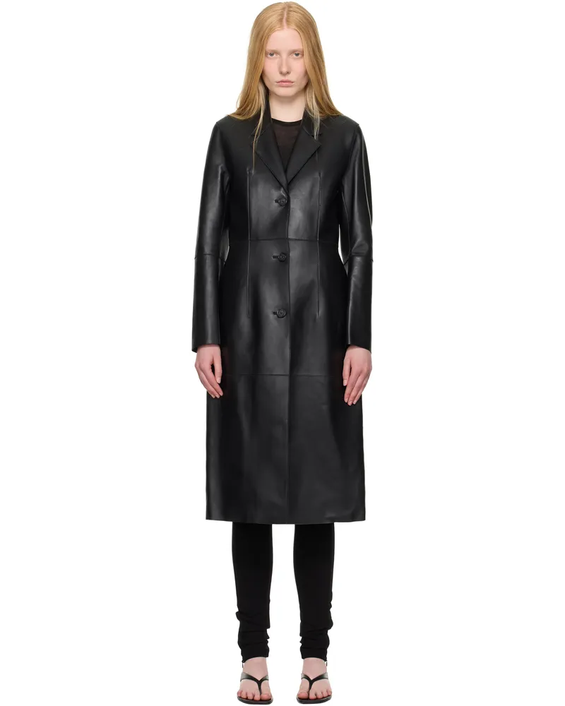 Totême Black Slim Leather Coat Black