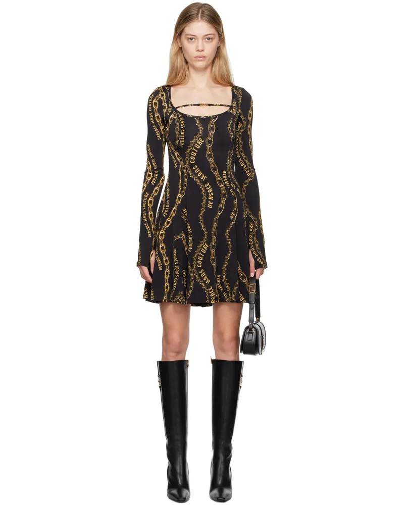 Versace Jeans Black & Gold Chain Couture Flared Minidress Eg89