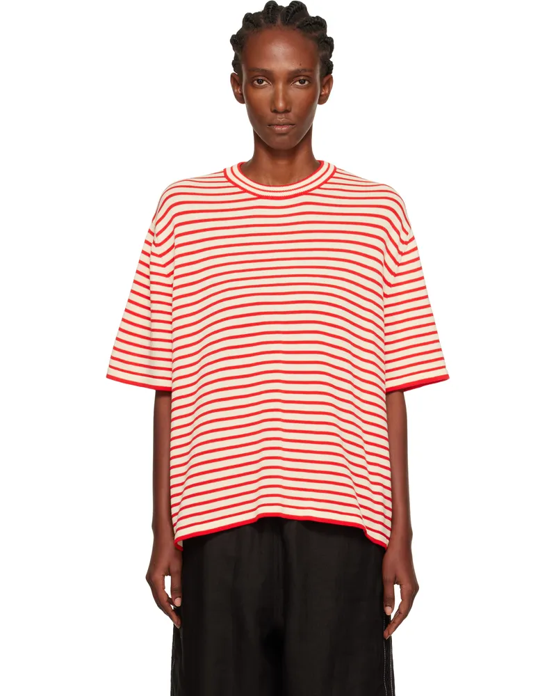 CORDERA Off-White & Red Organic Cotton Oversized Striped T-shirt Striped