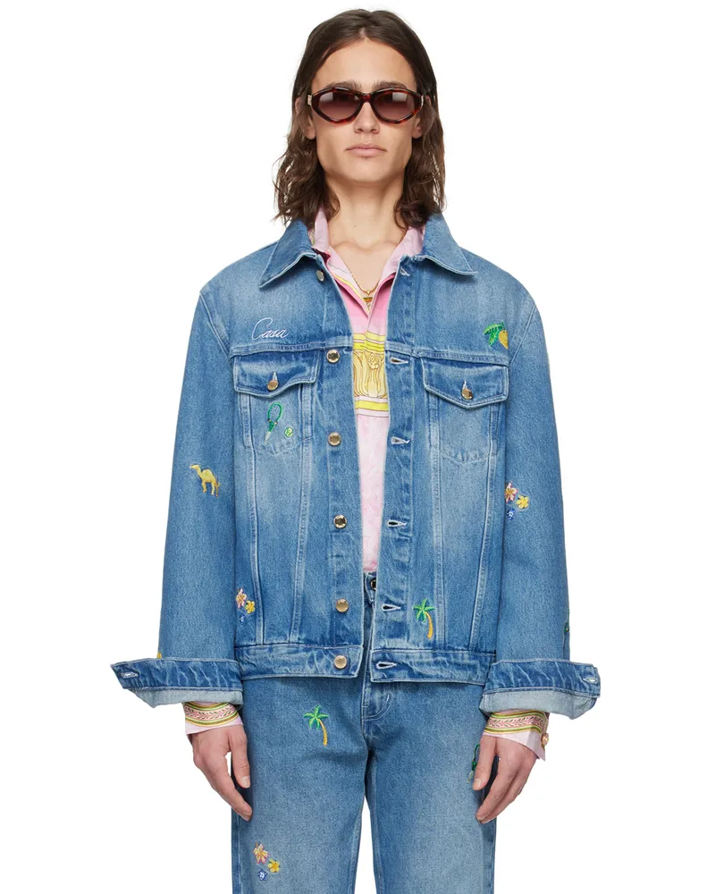 Casablanca Paris Blue Embroidered Denim Jacket Stone