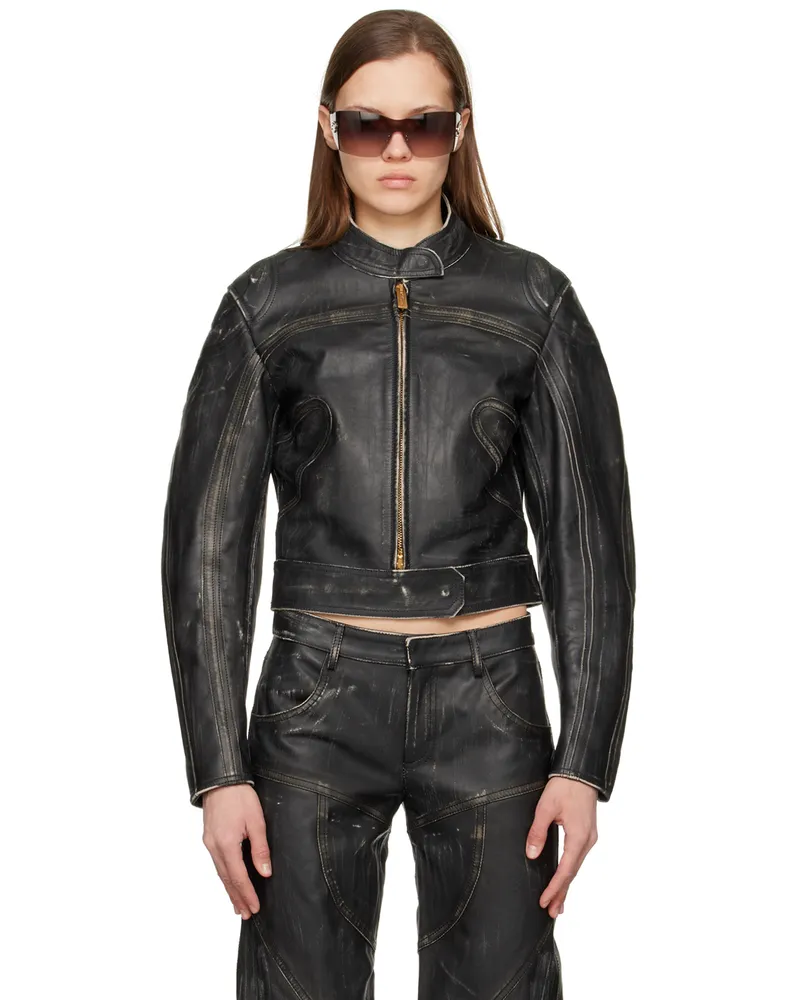 Blumarine Black Distressed Leather Jacket N0990