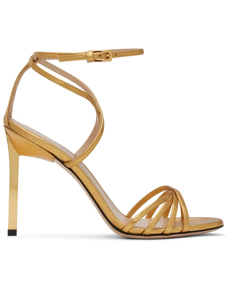 Tom Ford Gold Laminated Printed Lizard Ida Heeled Sandals 1y023