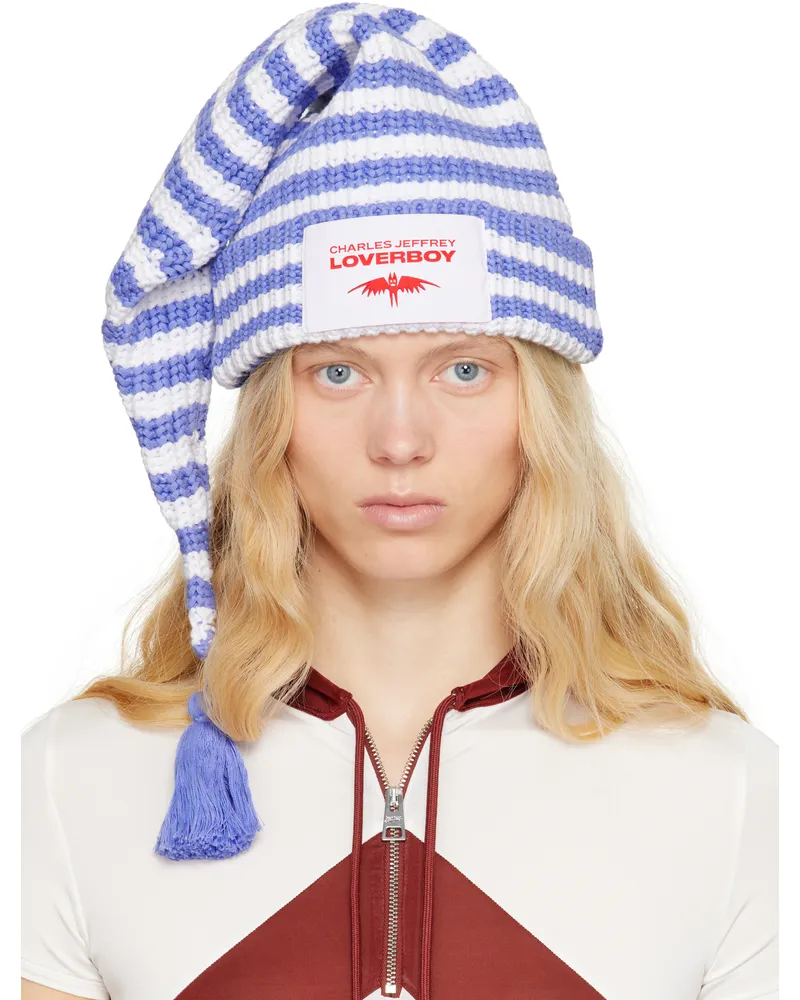 Charles Jeffrey Loverboy Blue & White Sloppy Giuseppe Beanie Blue