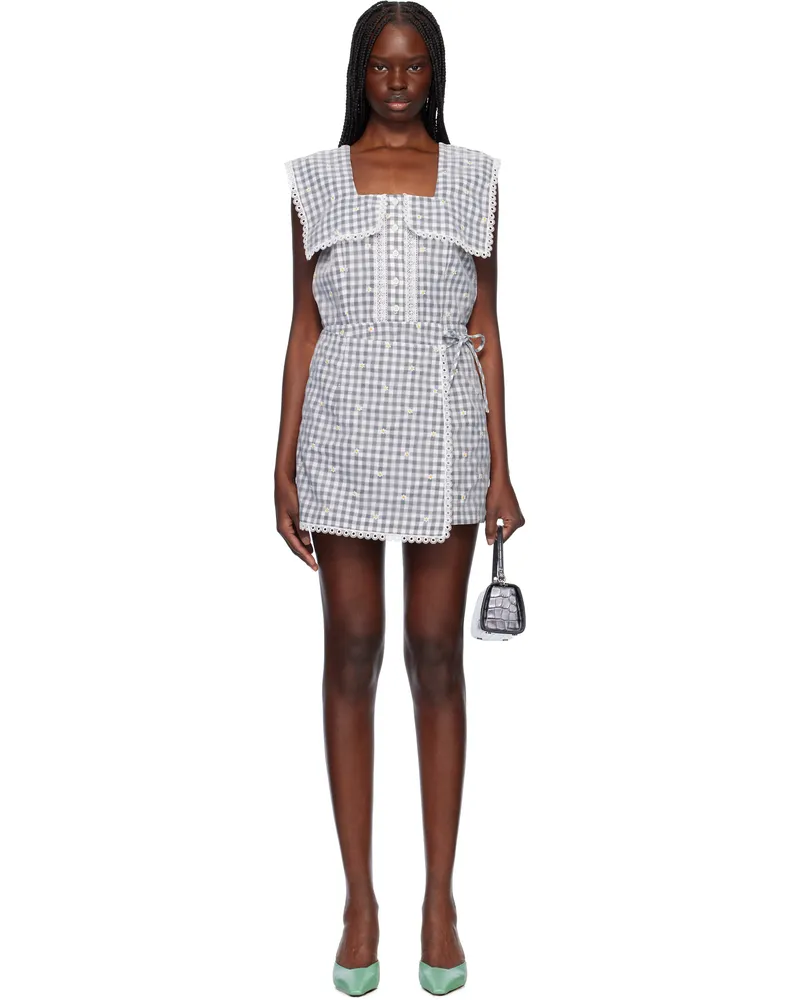 Anna Sui Black & Gray Daisy Embroidery On Gingham Tie Romper Black
