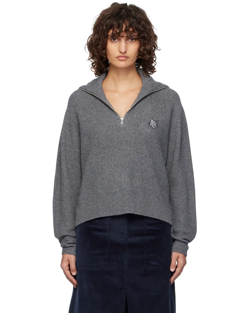 Kitsuné Gray Bold Fox Head Patch Half Zip Ribbed Sweater H131