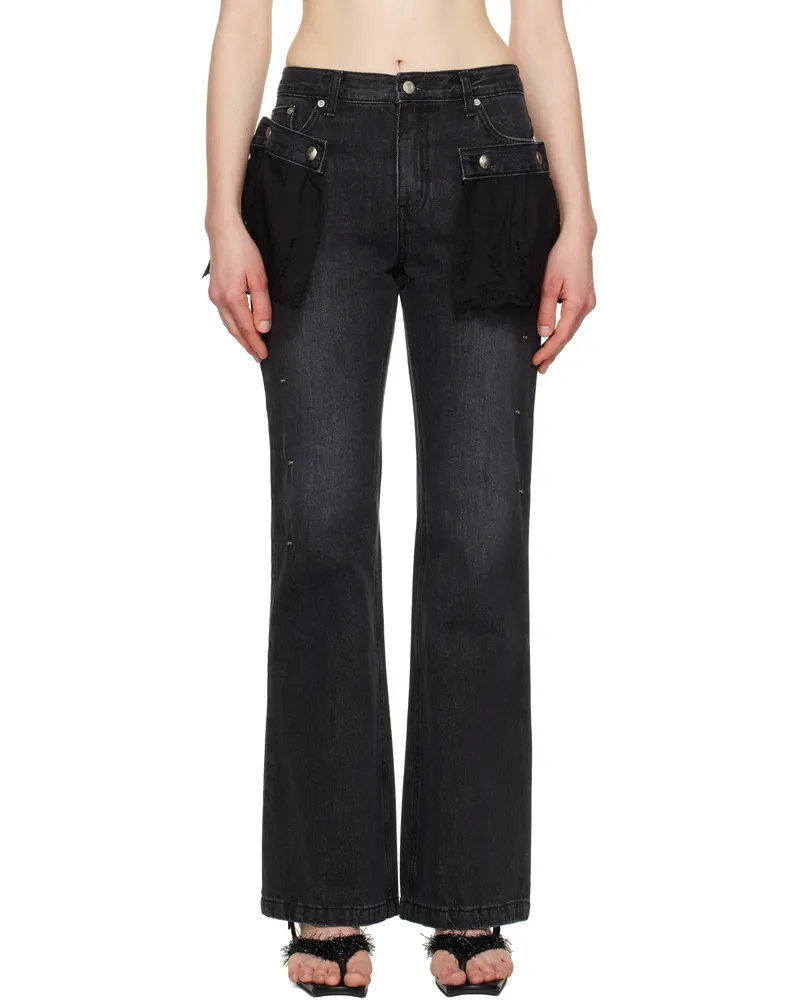 Andersson Bell Black Flower Lace Attached Bootcut Jeans Washed