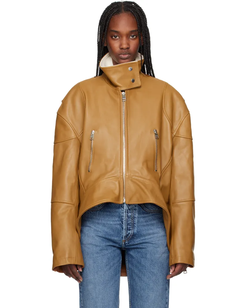 J.W.Anderson Tan Curved Hem High Neck Leather Jacket 640