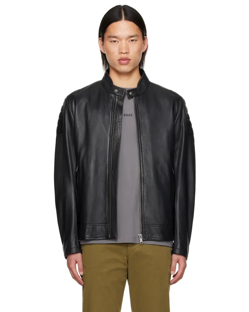 HUGO BOSS Black Zip Leather Jacket 001-black
