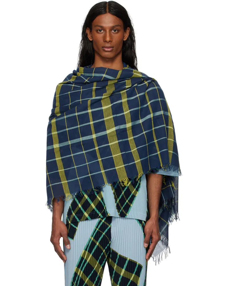 Issey Miyake Navy & Green Plaid Stole Scarf 75-navy