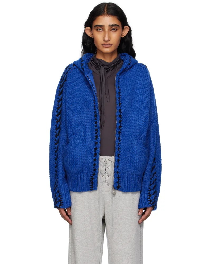 OPEN YY Blue Stitch Zip Up Knit Hoodie Blue