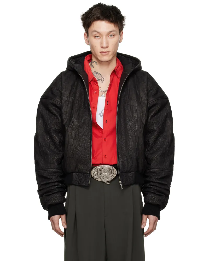 LU'U DAN Black Hooded Outlaw Leather Jacket Snake