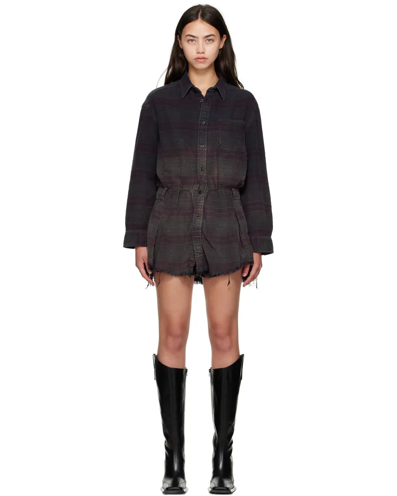 R13 Black & Purple Oversized Shirtdress Romper Overdyed