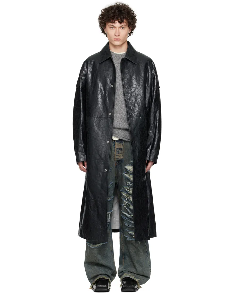 FourTwoFour on Fairfax Black Light Trench Leather Coat Black