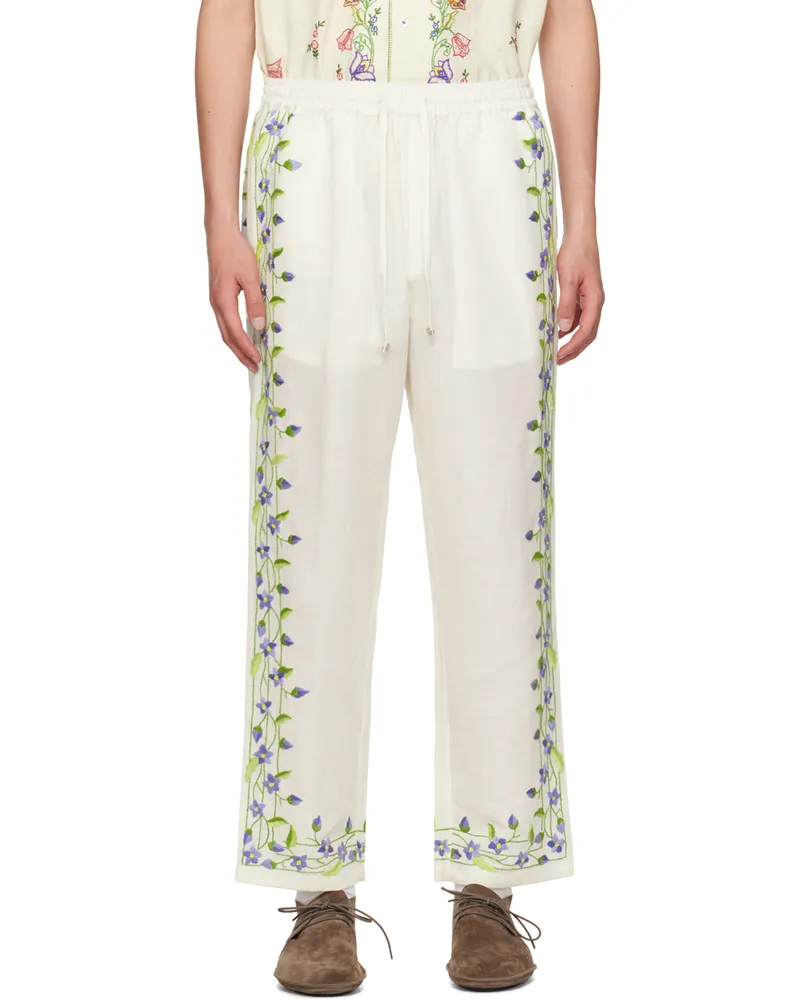 HARAGO Off-White Embroidered Trousers Off