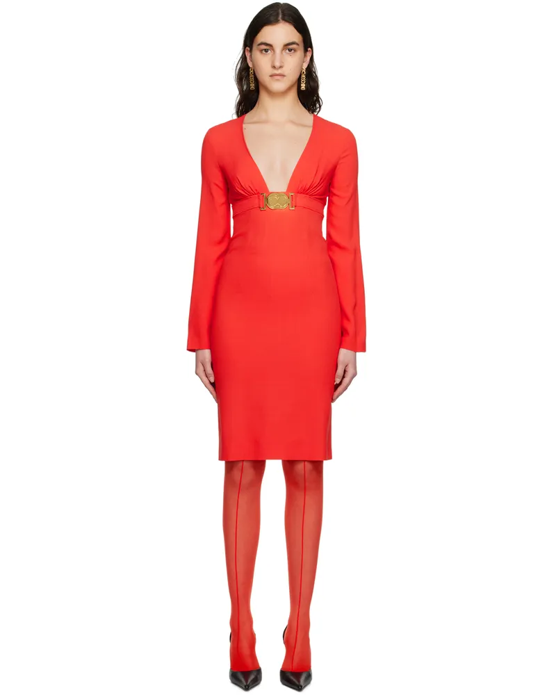 Moschino Red Double Smiley V-Neck Midi Dress A8127