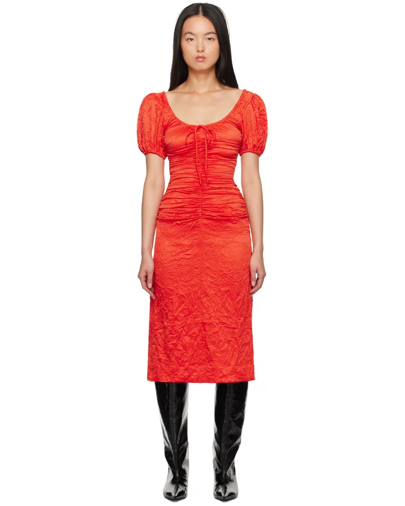 Ganni Red Crinkled Midi Dress 785