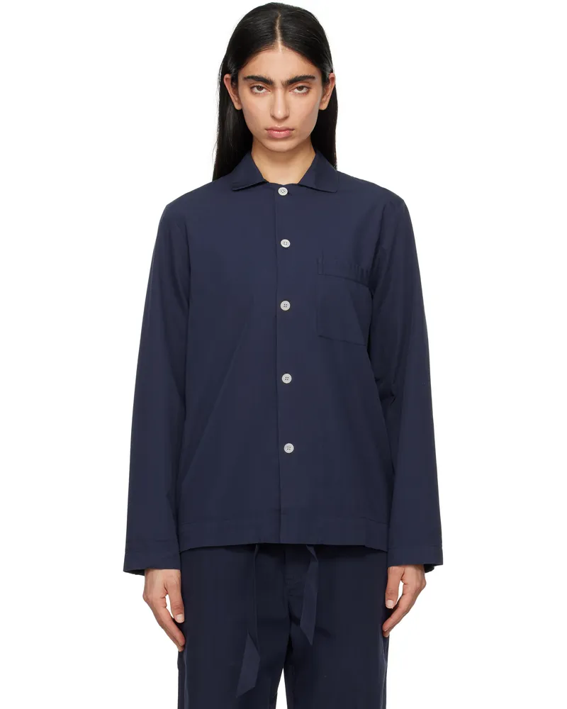 TEKLA Navy Poplin Long-Sleeved Pyjama Shirt Navy