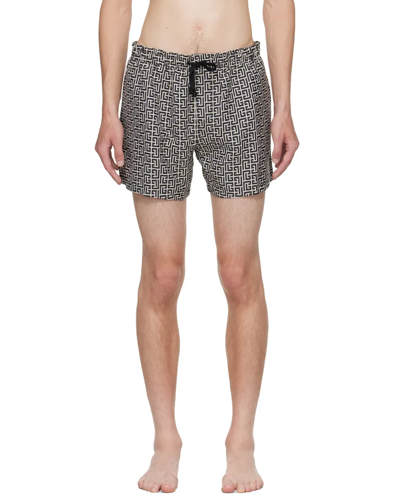 Balmain Beige & Black Monogram Swim Shorts 104