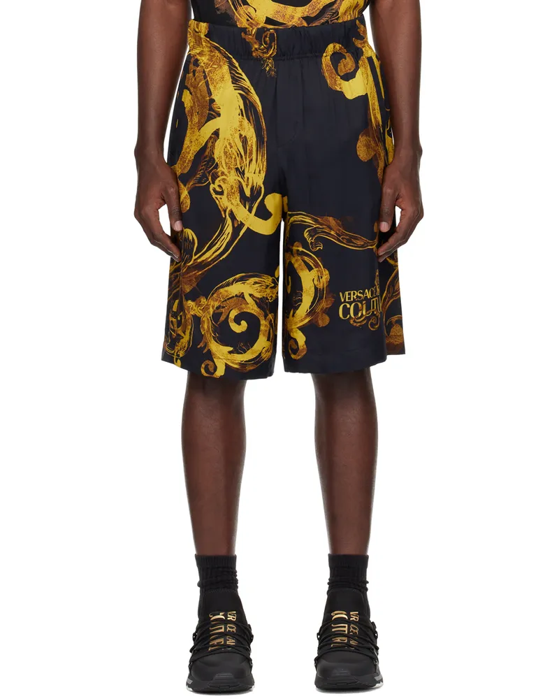 Versace Jeans Black & Gold Watercolor Couture Shorts Eg89