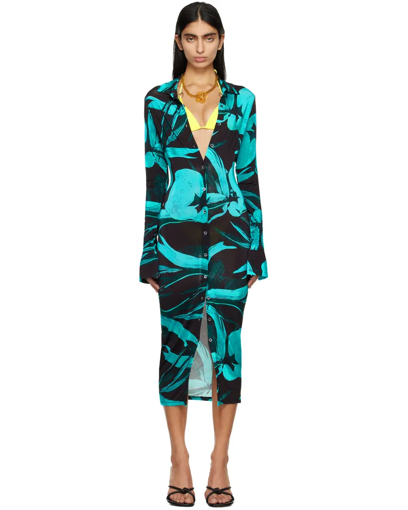 Louisa Ballou Black & Blue Printed Midi Dress 5042