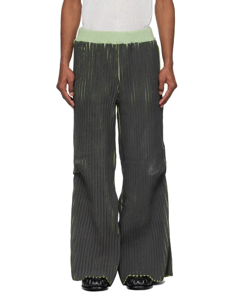 Stanley Raffington Black & Green Warped Ribbed Trousers Black