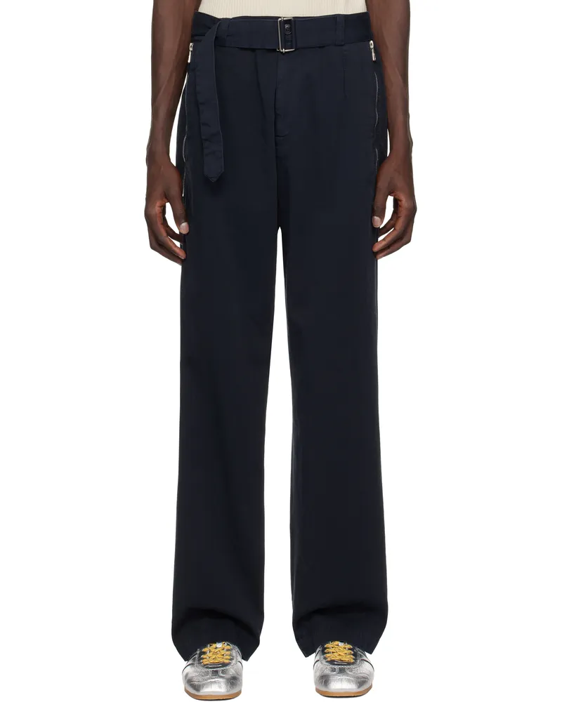 Dries van Noten Navy Straight Belted Trousers