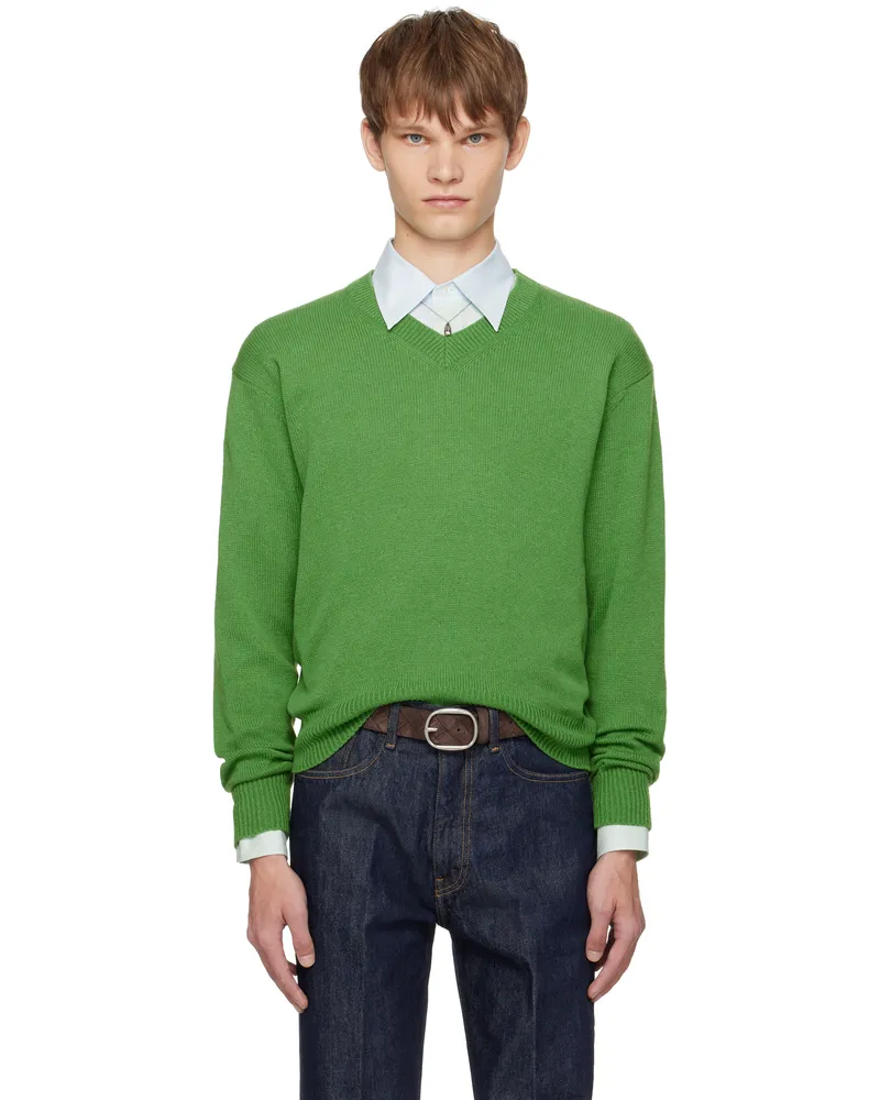 AURALEE Green Light Cashmere Knit V-Neck Sweater Green
