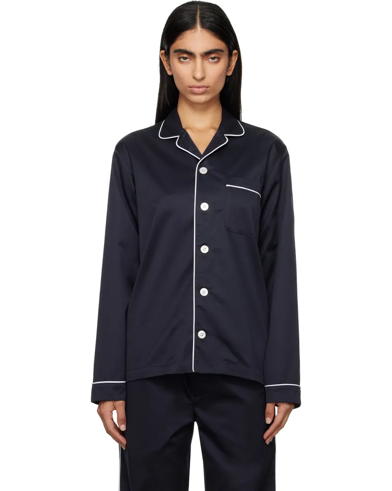 TEKLA Navy Sateen Long-Sleeved Pyjama Shirt Chelsea
