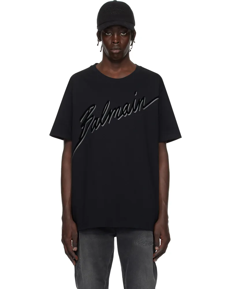Balmain Black Flocked 'Balmain Letter' Logo T-shirt Eap