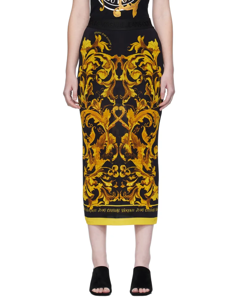 Versace Jeans Black & Yellow Porcelain Barocco Midi Skirt Eg89
